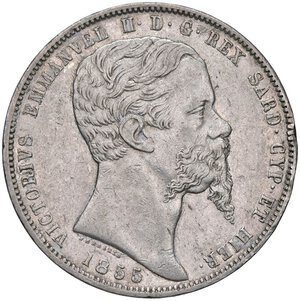 obverse: SAVOIA - Vittorio Emanuele II (1849-1861) - 5 Lire 1855 T Pag. 380; Mont. 50 RRR AG  Colpetti. BB+