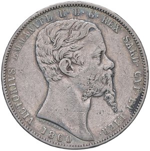 obverse: SAVOIA - Vittorio Emanuele II (1849-1861) - 5 Lire 1860 T Pag. 389; Mont. 60 RR AG. BB