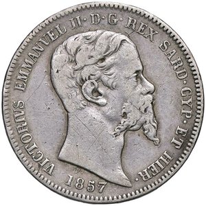 obverse: SAVOIA - Vittorio Emanuele II (1849-1861) - Lira 1857 T Pag. 410; Mont. 83 R AG. qBB