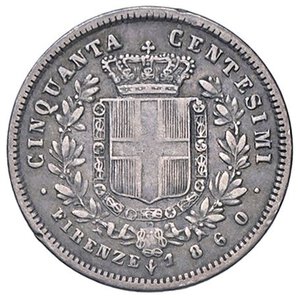 reverse: SAVOIA - Vittorio Emanuele II Re eletto (1859-1861) - 50 Centesimi 1860 F Pag. 443a; Mont. 121 RR AG Baffo a punta. BB