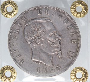 obverse: SAVOIA - Vittorio Emanuele II Re d Italia (1861-1878) - 5 Lire 1865 N Pag. 486; Mont. 168 R AG  Sigillata Francesco Cavaliere con la nota 