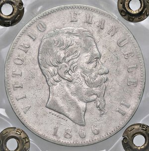 obverse: SAVOIA - Vittorio Emanuele II Re d Italia (1861-1878) - 5 Lire 1866 N Pag. 488; Mont. 169 RRRR AG  Sigillata Angelo Bazzoni senza conservazione, ma con la nota 