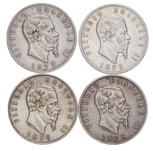 obverse: SAVOIA - Vittorio Emanuele II Re d Italia (1861-1878) - 5 Lire 1873-1875 M e 1876-1877 R   AG 4 monete. MB÷BB