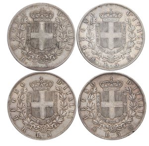 reverse: SAVOIA - Vittorio Emanuele II Re d Italia (1861-1878) - 5 Lire 1873-1875 M e 1876-1877 R   AG 4 monete. MB÷BB