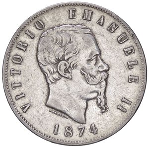 obverse: SAVOIA - Vittorio Emanuele II Re d Italia (1861-1878) - 5 Lire 1874 M Pag. 498; Mont. 182  AG. qBB/BB