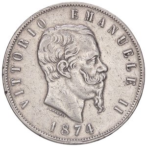 obverse: SAVOIA - Vittorio Emanuele II Re d Italia (1861-1878) - 5 Lire 1874 M Pag. 498; Mont. 182  AG  Colpetto. qBB