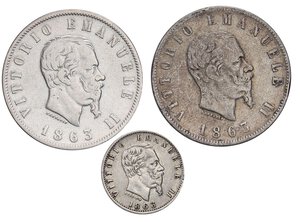 obverse: SAVOIA - Vittorio Emanuele II Re d Italia (1861-1878) - 2 Lire 1863 T Valore e 1863 N stemma  R AG assieme a 20 c. 1863 M - 3 monete. med. MB