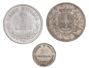 reverse: SAVOIA - Vittorio Emanuele II Re d Italia (1861-1878) - 2 Lire 1863 T Valore e 1863 N stemma  R AG assieme a 20 c. 1863 M - 3 monete. med. MB