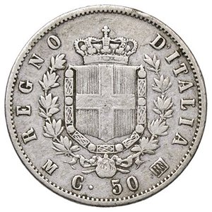 reverse: SAVOIA - Vittorio Emanuele II Re d Italia (1861-1878) - 50 Centesimi 1863 M Stemma Pag. 525; Mont. 215 NC AG. MB/qBB