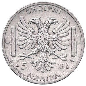 reverse: SAVOIA - Albania  - 5 Lek 1939 XVII Pag. 992; Mont. 485  AG. qFDC