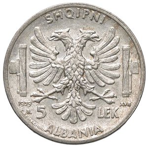 reverse: SAVOIA - Albania  - 5 Lek 1939 XVII Pag. 992; Mont. 485  AG. SPL+