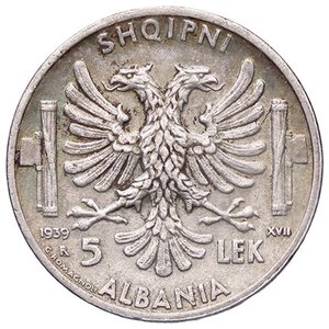 reverse: SAVOIA - Albania  - 5 Lek 1939 XVII Pag. 992; Mont. 485  AG. qSPL