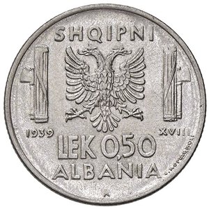 reverse: SAVOIA - Albania  - 0,50 Lek 1939 XVIII Pag. manca; Mont. 498  AC Magnetica. qFDC