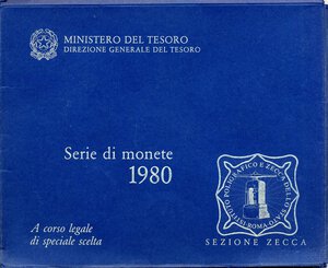 obverse: REPUBBLICA ITALIANA - Repubblica Italiana (monetazione in lire) (1946-2001) - Serie zecca 1980 Mont. 15   In confezione - 10 valori + medaglia. FDC