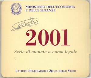 obverse: REPUBBLICA ITALIANA - Repubblica Italiana (monetazione in lire) (1946-2001) - Serie zecca 2001 Mont. 38 R  In confezione - 12 valori. FDC