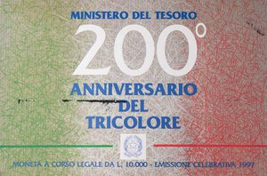 obverse: REPUBBLICA ITALIANA - Repubblica Italiana (monetazione in lire) (1946-2001) - 10.000 Lire 1997 - Tricolore Mont. 53  AG In cartoncino. FDC