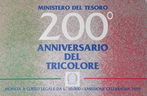 obverse: REPUBBLICA ITALIANA - Repubblica Italiana (monetazione in lire) (1946-2001) - 10.000 Lire 1997 - Tricolore Mont. 53  AG In cartoncino. FDC