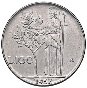 reverse: REPUBBLICA ITALIANA - Repubblica Italiana (monetazione in lire) (1946-2001) - 100 Lire 1957 Mont. 7  AC. qFDC