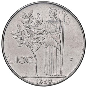 reverse: REPUBBLICA ITALIANA - Repubblica Italiana (monetazione in lire) (1946-2001) - 100 Lire 1958 Mont. 8  AC. qFDC