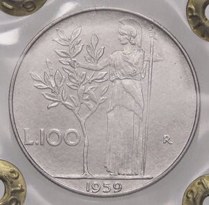 reverse: REPUBBLICA ITALIANA - Repubblica Italiana (monetazione in lire) (1946-2001) - 100 Lire 1959 Mont. 9  AC  Ex Inasta 31, lotto 5083, sigillata con il cartellino dell asta. FDC