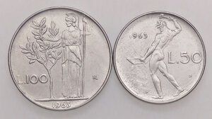 reverse: REPUBBLICA ITALIANA - Repubblica Italiana (monetazione in lire) (1946-2001) - 100 Lire 1963 Mont. 13  AC Assieme a 50 lire - Lotto di 2 monete. qFDC