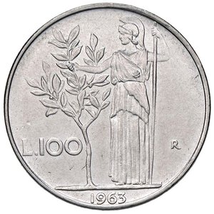 reverse: REPUBBLICA ITALIANA - Repubblica Italiana (monetazione in lire) (1946-2001) - 100 Lire 1963 Mont. 13  AC. qFDC