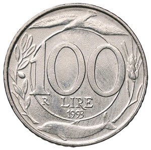 reverse: REPUBBLICA ITALIANA - Repubblica Italiana (monetazione in lire) (1946-2001) - 100 Lire 1993 Mont. 10 R AC Testa piccola. qFDC