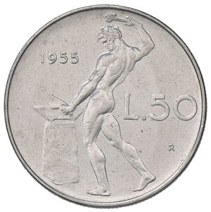 reverse: REPUBBLICA ITALIANA - Repubblica Italiana (monetazione in lire) (1946-2001) - 50 Lire 1955 Mont. 8  AC. qFDC