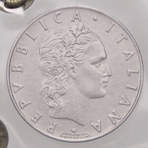 obverse: REPUBBLICA ITALIANA - Repubblica Italiana (monetazione in lire) (1946-2001) - 50 Lire 1959 Mont. 19 R AC Cifre della data grosse Ex Inasta 3641, lotto 4716, sigillata con il cartellino dell asta - Segnetti. SPL-FDC