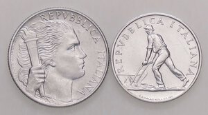 obverse: REPUBBLICA ITALIANA - Repubblica Italiana (monetazione in lire) (1946-2001) - 5 Lire 1950 Mont. 8  IT Assieme a 2 lire 1950 - Lotto di 2 monete. SPL÷qFDC