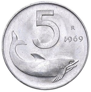 reverse: REPUBBLICA ITALIANA - Repubblica Italiana (monetazione in lire) (1946-2001) - 5 Lire 1969 Mont. 12 NC IT 1 della data rovesciato. FDC