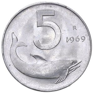 reverse: REPUBBLICA ITALIANA - Repubblica Italiana (monetazione in lire) (1946-2001) - 5 Lire 1969 Mont. 12 NC IT 1 della data rovesciato. FDC