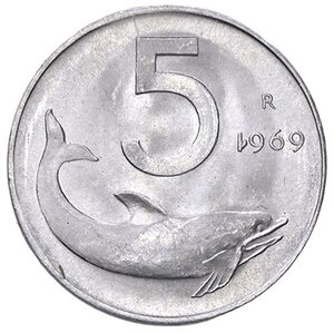 reverse: REPUBBLICA ITALIANA - Repubblica Italiana (monetazione in lire) (1946-2001) - 5 Lire 1969 Mont. 12 NC IT 1 della data rovesciato. FDC