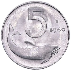 reverse: REPUBBLICA ITALIANA - Repubblica Italiana (monetazione in lire) (1946-2001) - 5 Lire 1969 Mont. 12 NC IT 1 della data rovesciato. FDC