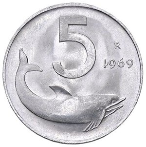 reverse: REPUBBLICA ITALIANA - Repubblica Italiana (monetazione in lire) (1946-2001) - 5 Lire 1969 Mont. 12 NC IT 1 della data rovesciato. FDC