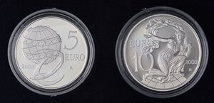 reverse: REPUBBLICA ITALIANA - Repubblica Italiana (monetazione in euro) (2002) - 10 e 5 Euro 2003 - L Europa dei Popoli   AG In confezione. FS