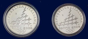 reverse: REPUBBLICA ITALIANA - Repubblica Italiana (monetazione in euro) (2002) - 10 e 5 Euro 2005 - Torino 2006   AG 2° emissione. FS