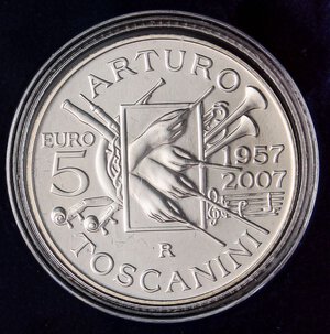 reverse: REPUBBLICA ITALIANA - Repubblica Italiana (monetazione in euro) (2002) - 5 Euro 2007 - Toscanini   AG In confezione. FDC