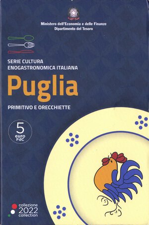 obverse: REPUBBLICA ITALIANA - Repubblica Italiana (monetazione in euro) (2002) - 5 Euro 2022 - Puglia   NI In cartoncino. FDC