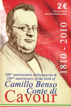 obverse: REPUBBLICA ITALIANA - Repubblica Italiana (monetazione in euro) (2002) - 2 Euro 2010 - Bicentenario della nascita di Camillo Benso di Cavour   NI In confezione. FDC