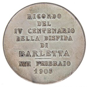 reverse: MEDAGLIE - CITTA  - Barletta  - Medaglia 1903 - IV cent. della disfida   AE argentato  Ø 40 Colpetto. qSPL