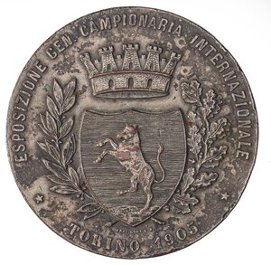 obverse: MEDAGLIE - CITTA  - Torino  - Medaglia 1905 - Esposizione campionaria internazionale   AE argentato  Ø 58 Colpetti. BB