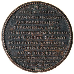 reverse: MEDAGLIE - PERSONAGGI - Gaspare di Carpegna (cardinale) (1625-1714) - Medaglia 1694 - Per la costruzione di Santa Maria delle Fornaci  RR AE  Opus: Hamerani Ø 47. BB+