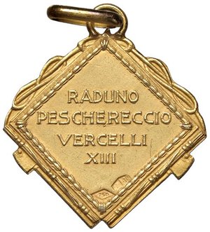 reverse: MEDAGLIE - FASCISTE  - Medaglia A. XIII - Raduno peschereccio Vercelli   (AU g. 3,05)mm 16x16. qFDC