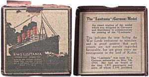 obverse: MEDAGLIE ESTERE - GERMANIA - Impero (1871-1918) - Medaglia Ricordo affondamento della nave Lusitana da parte di U-Bot nel 1915  RR AE  Ø 55 In scatola di cartone, un po  rovinata al retro. SPL