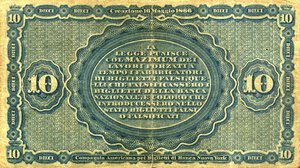 reverse: CARTAMONETA - SARDO-PIEMONTESE - Banca Nazionale nel Regno d Italia  - 10 Lire 16/05/1866 Gav. 155 R  Stallo/Bozzi/Nazari Forellini da spillo. meglio di MB