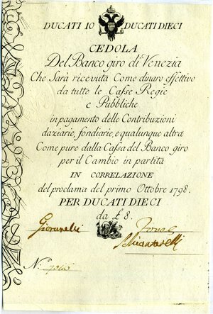 obverse: CARTAMONETA - LOMBARDO-VENETO - Banco Giro di Venezia  - 10 Ducati 01/10/1798 Gav. 10   Unifaccia. qFDS