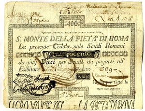 obverse: CARTAMONETA - STATO PONTIFICIO - Sacro Monte della Pietà di Roma (1785-1797) Tagli da 200 a 500 scudi Gav. 4 RRR  da 400 scudi Restauri con nastro adesivo al R/. meglio di MB