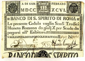 obverse: CARTAMONETA - STATO PONTIFICIO - Banco di S. Spirito di Roma (1786-1796) Tagli da 5 a 100 scudi Gav. 12 R  da 13 scudi. SPL+