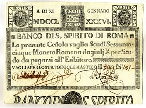 obverse: CARTAMONETA - STATO PONTIFICIO - Banco di S. Spirito di Roma (1786-1796) Tagli da 5 a 100 scudi Gav. 12 R  da 65 scudi Lieve traccia di nastro adesivo al R/. qSPL